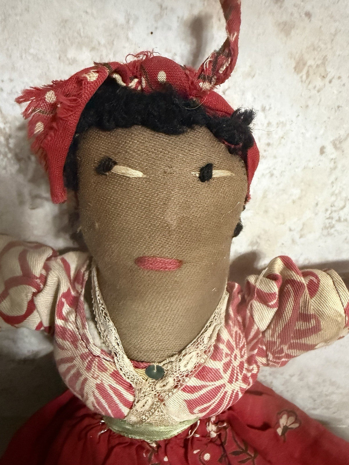 Vintage Handmade Folk Art Cloth Doll Floral Dress Handkerchief 12"