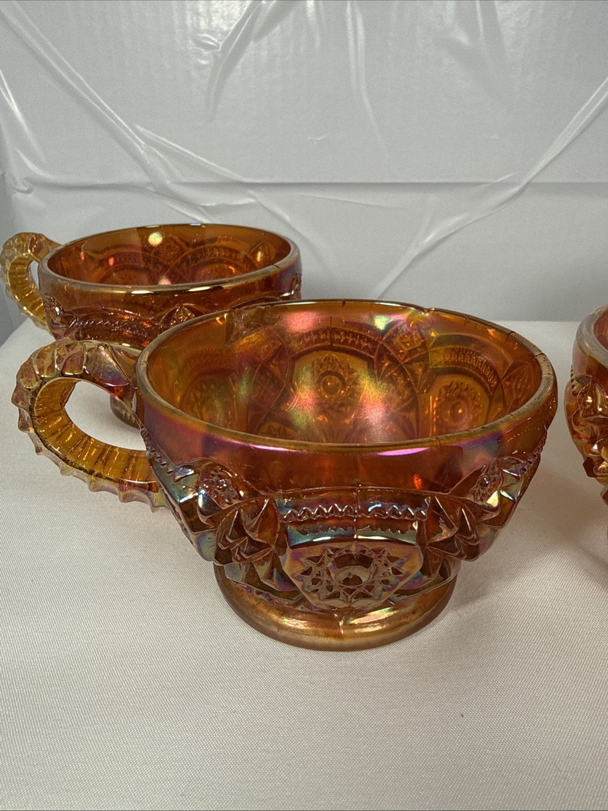Set of 4 Vintage Imperial Hobstar Iridescent Marigold Orange Carnival Glass Cups