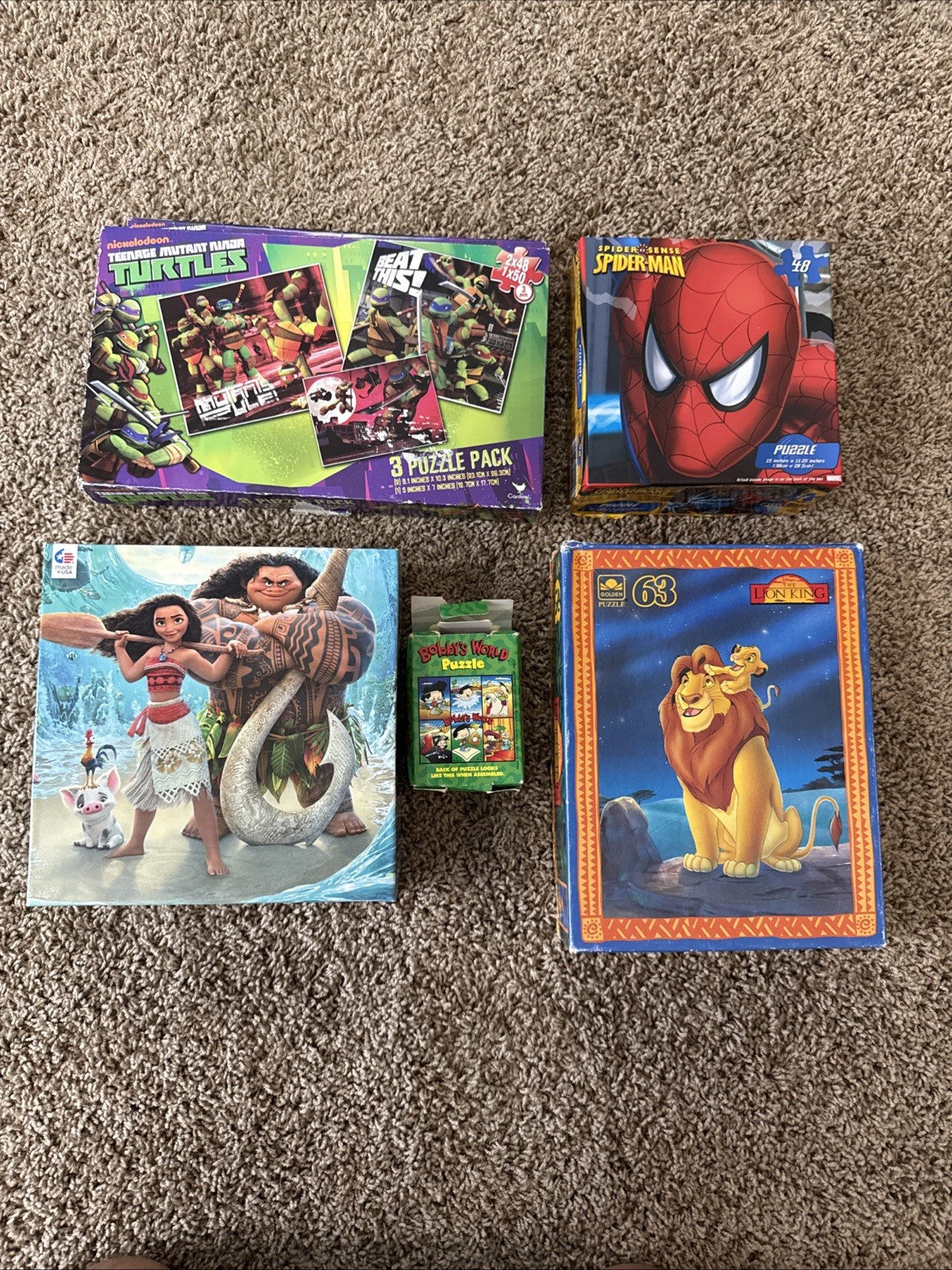Kids Puzzle Bundle Disney Moana Lion King Spider Man TMNT Lot of 5 Puzzles