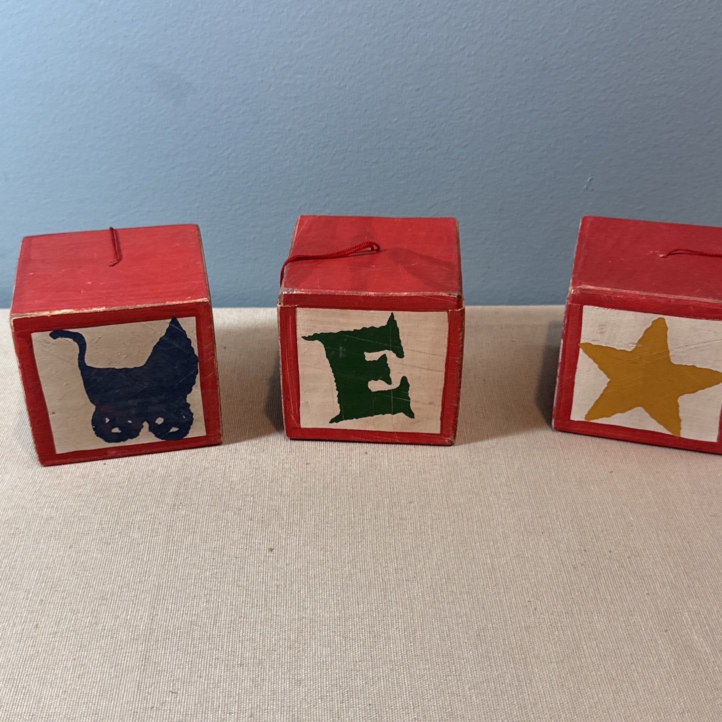 Vintage Wooden Alphabet Animal Christmas Ornaments Set of 3 Blocks 3"x3"