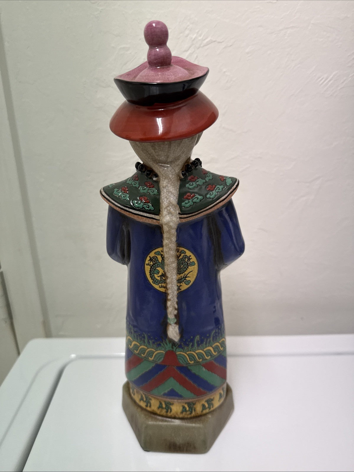 Chinese Qing Dynasty Emperor Statue 14" Handmade Ceramic Crackle Glaze Figurine