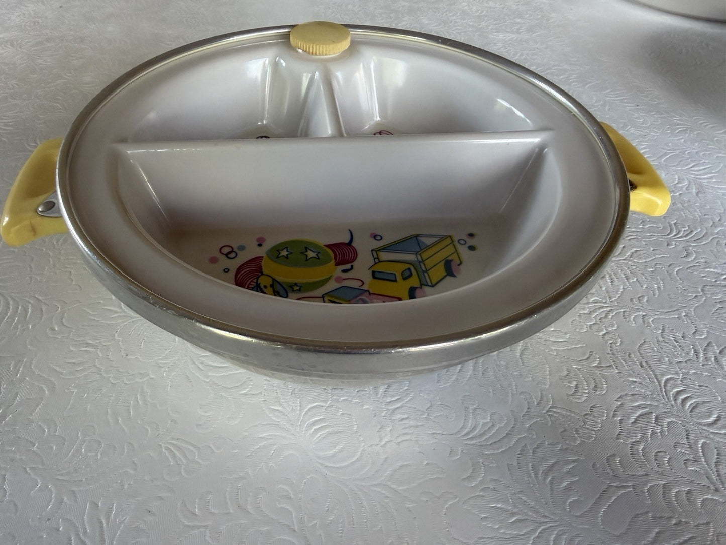 Vintage Baby Food Warmer Divided Dish Boy Girl Yellow Screw Plug Nursery Feeding
