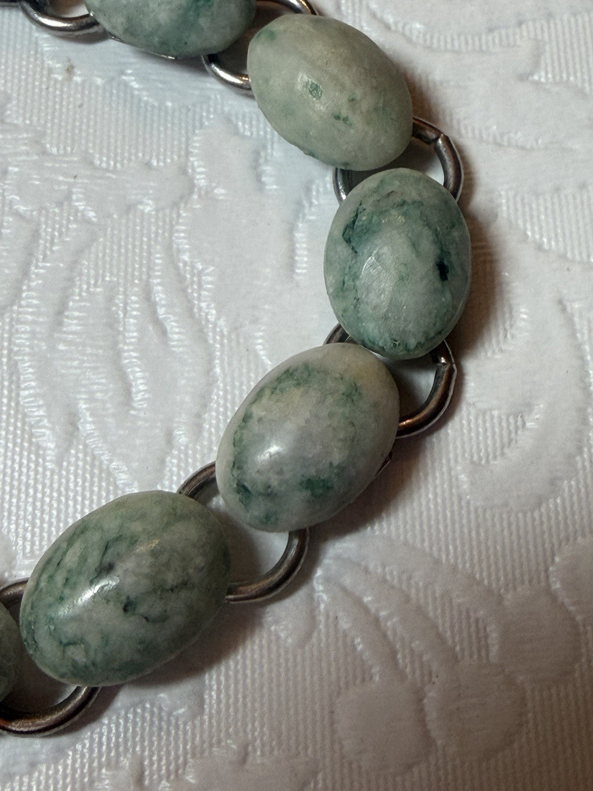 Vintage Jade Green Stone Link Bracelet & Earring Set Silver Tone 7" Pierced Stud