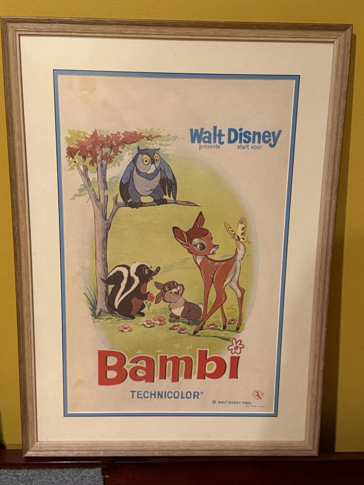Vintage 1960s Bambi Original Belgian Movie Poster Walt Disney Bilingual Framed