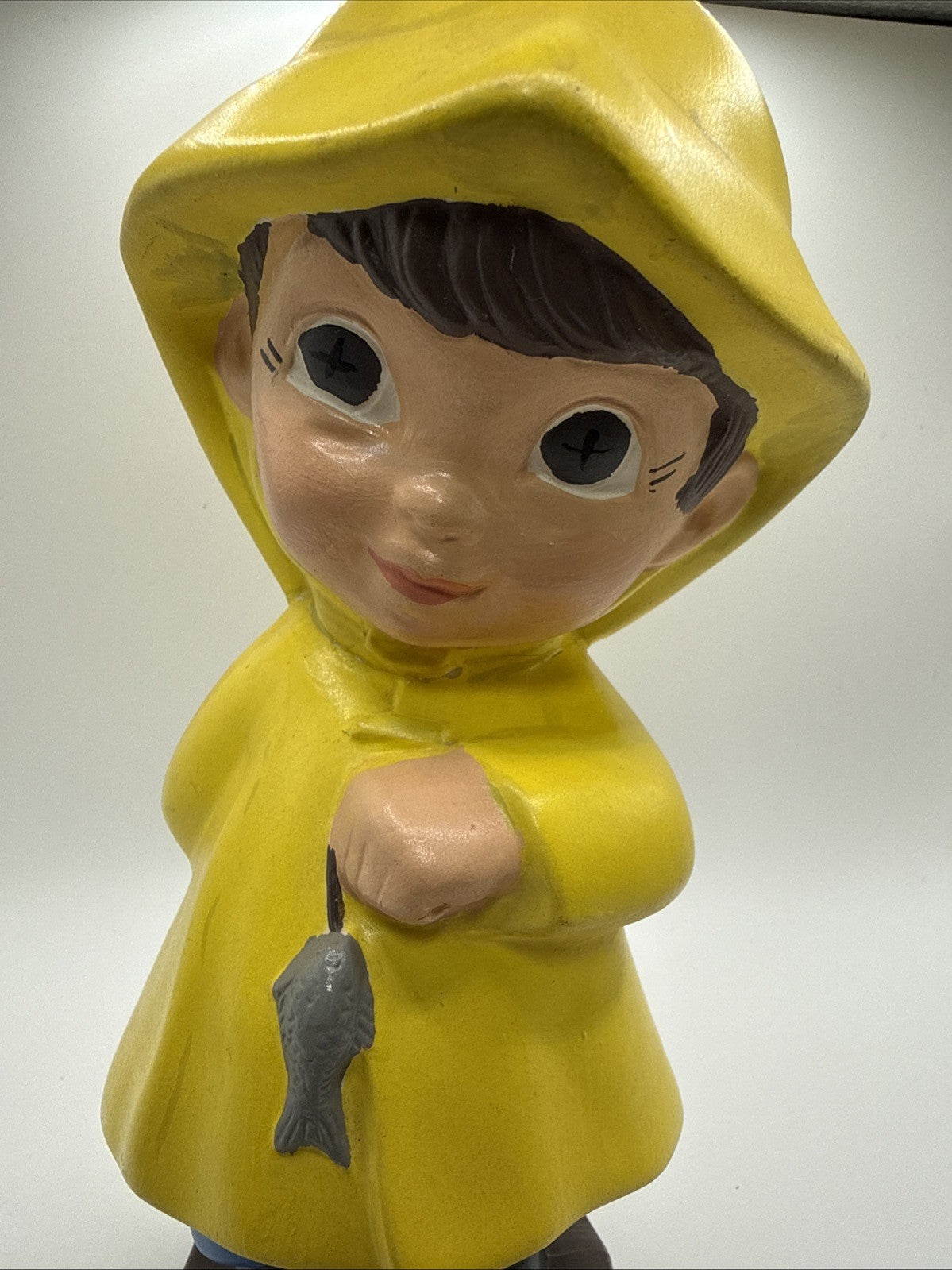 Vintage 1971 Ceramic Fishing Boy & Girl In Yellow Rain Coats So Cute!