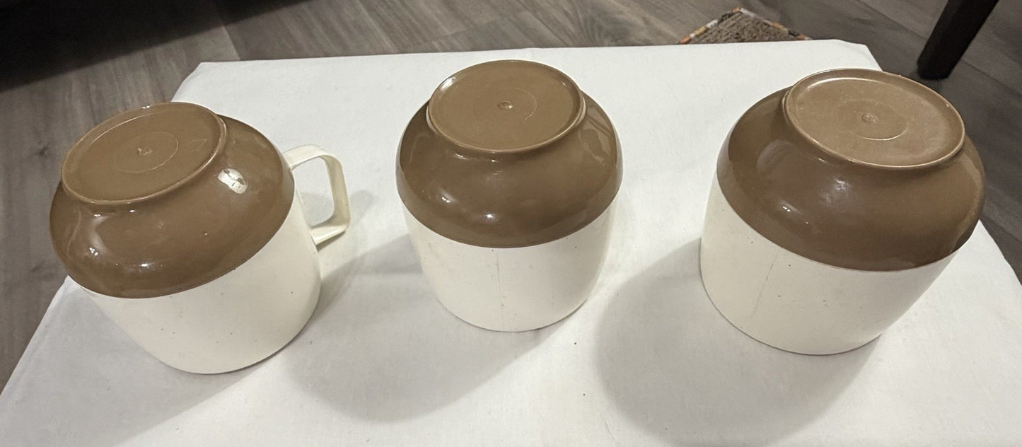Vintage 1970s Dinex Thermos Insulated Coffee Mugs, Lot of 3, Brown White, Retro