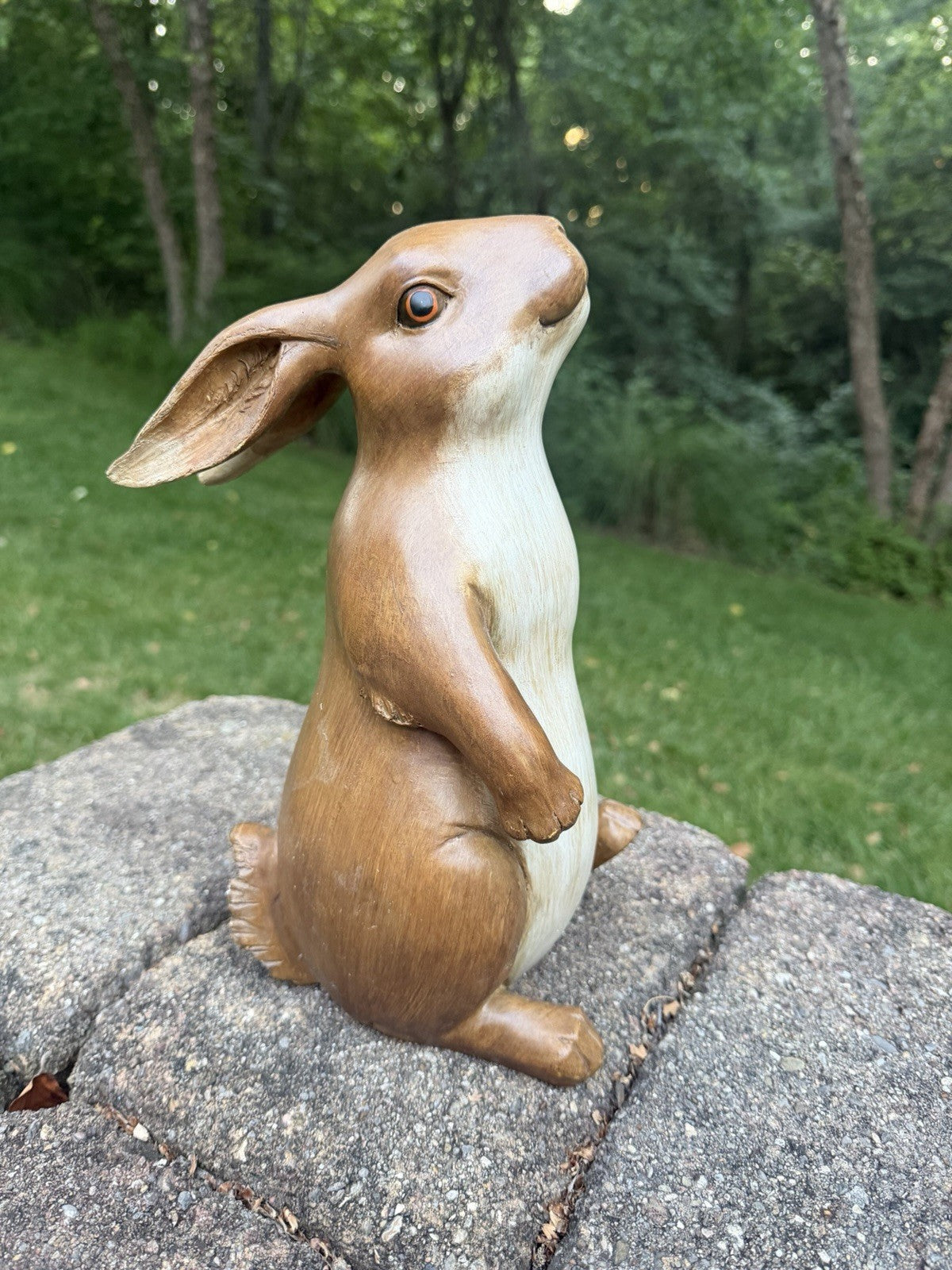 Vintage Faux Wood Carved Rabbit Statue 12.5" Standing Resin Bunny Figurine Eyes