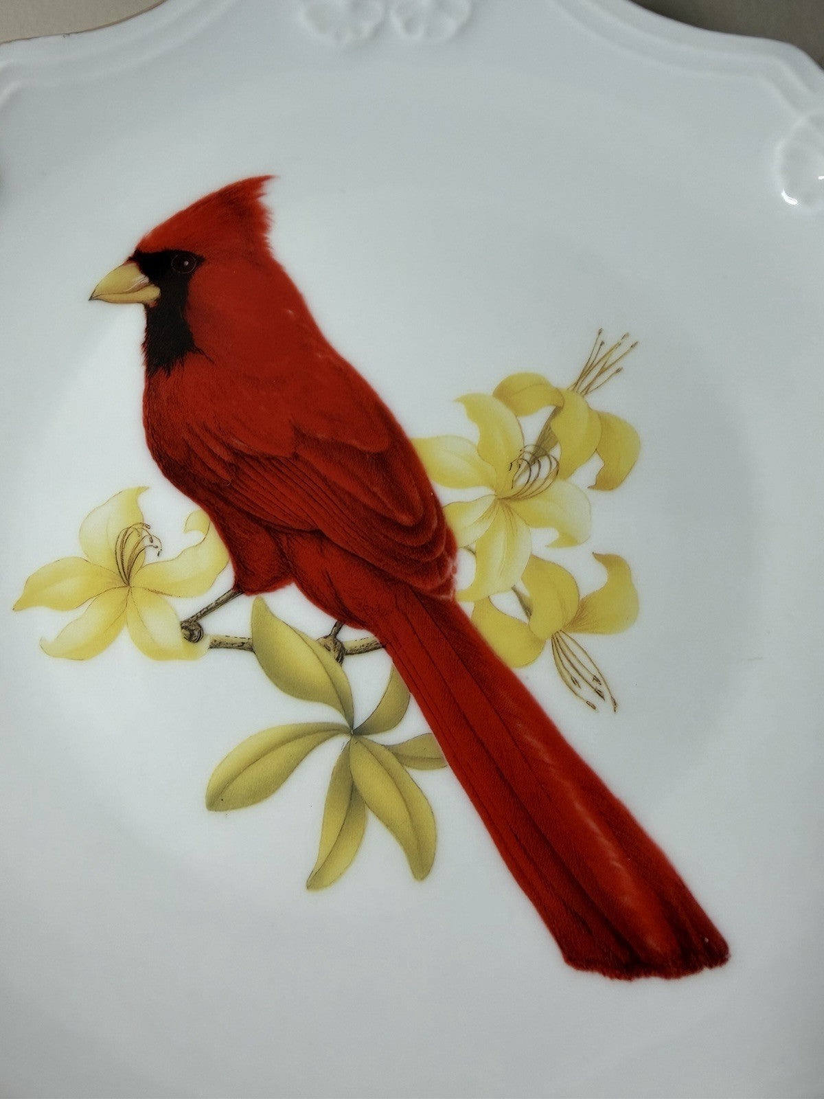 VTG Cynthiana Gifts Cardinal Serving Plate Handle Porcelain White Red Bird 9.5"