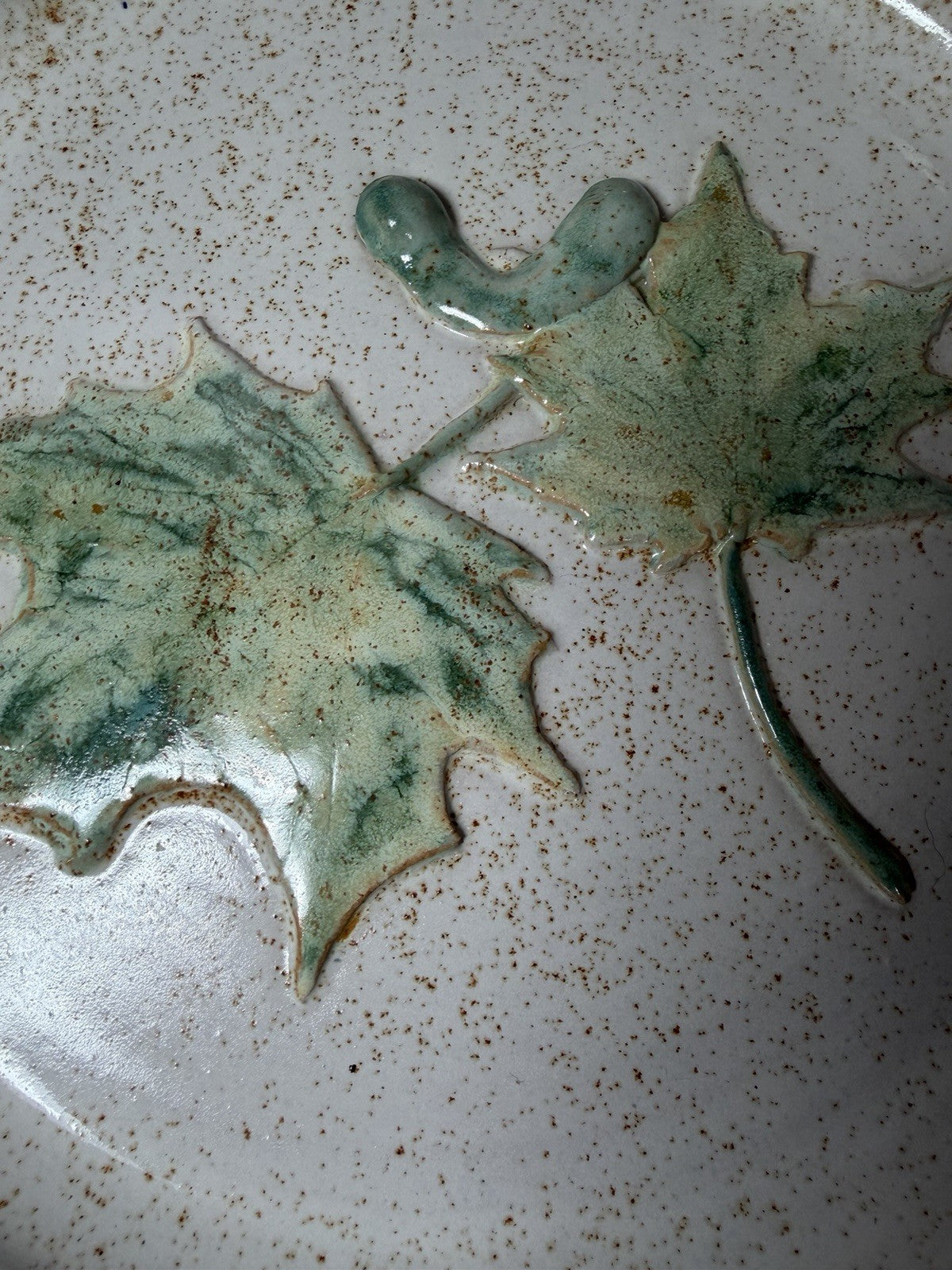 Vintage Canadian Studio Art Pottery Chip Dip Set Speckled Green Leaves Serving