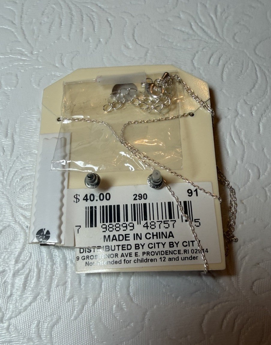 City by City CZ Pendant Necklace Earrings Set Purple Silver Tone New Tags