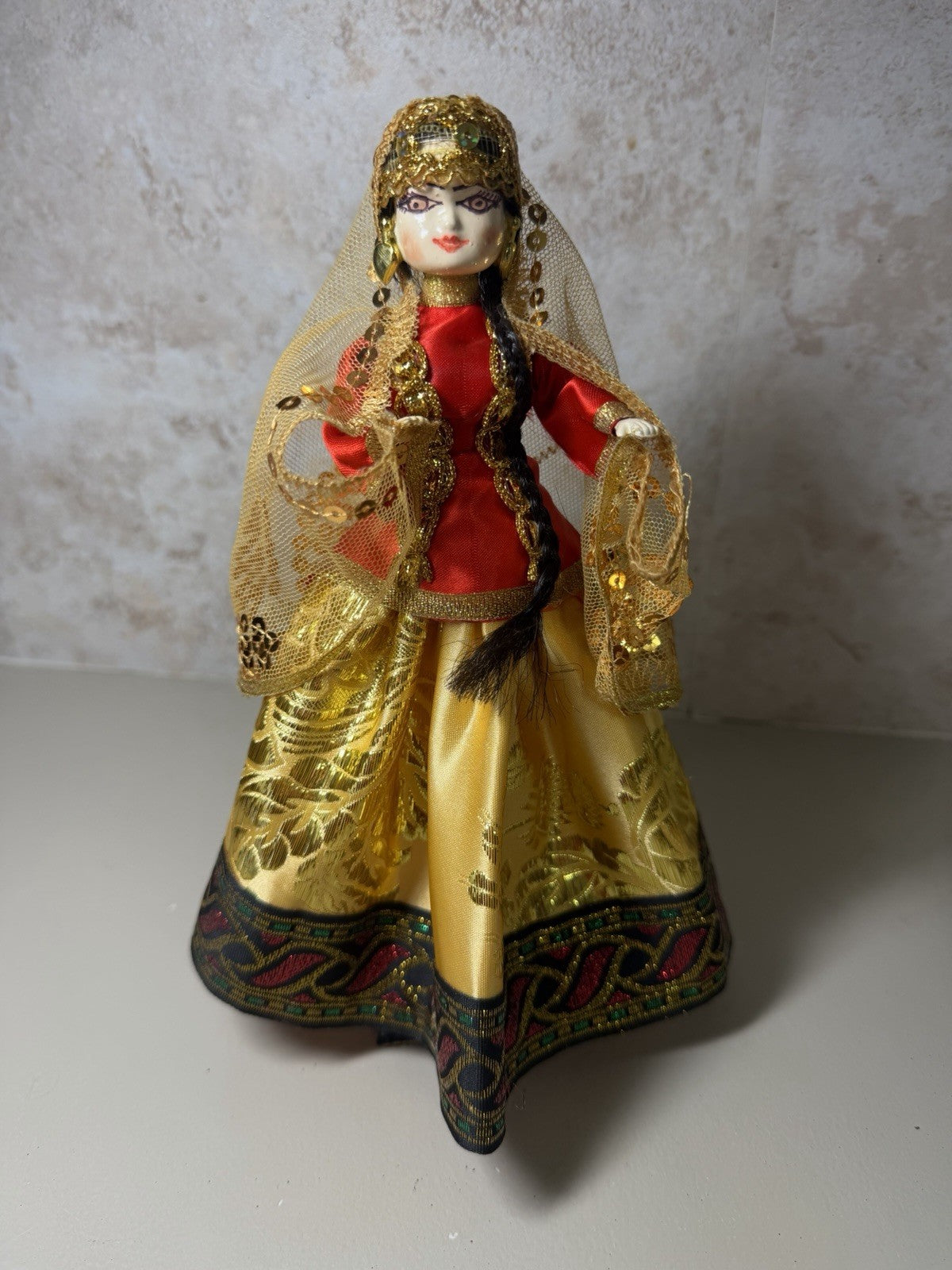 Vintage Handmade Cultural Cloth Dolls Pair Gold Trim Embroidered Folk Art
