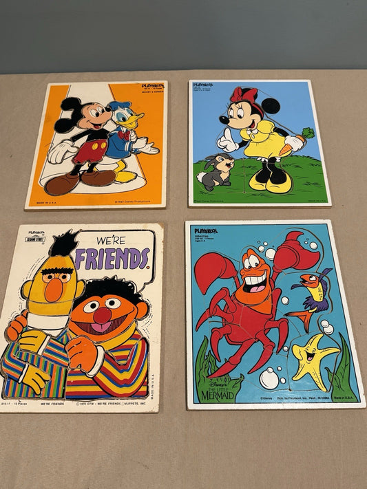 Vintage Lot 4 PLAYSKOOL Wood Tray Puzzles Bert & Ernie, Mickey Mouse, Minnie