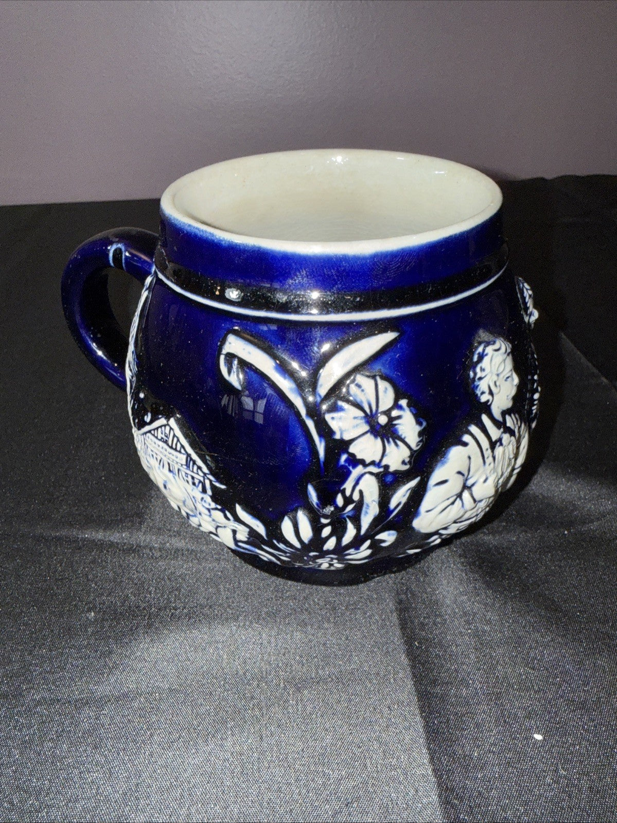 Vintage Cobalt Blue Salt Glaze Mug Germany House Trees Friends Flowers