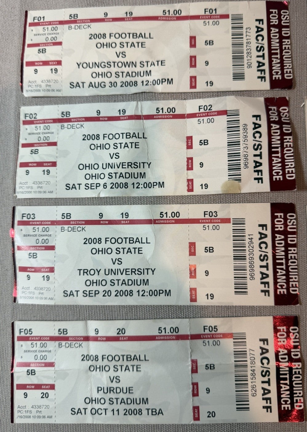 2005-2015 Ohio State Buckeyes Football Ticket Stub Faculty Staff seats Lot of 44