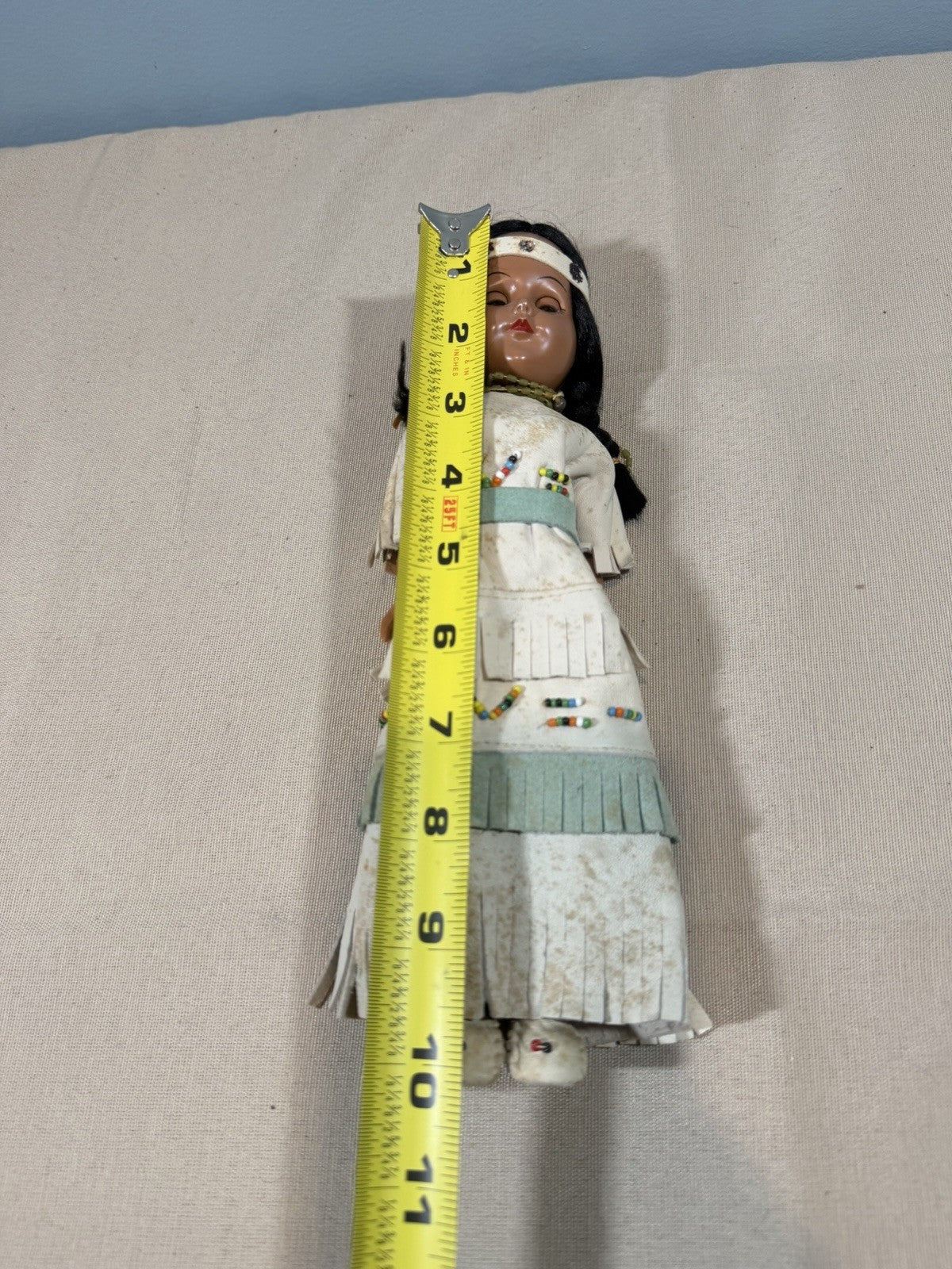 Vintage Native American Doll Sleepy Eyes Leather Beaded Dress 10"