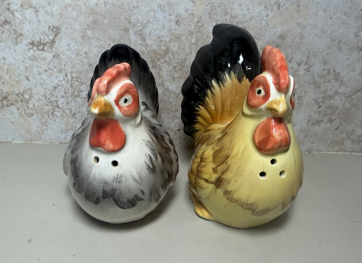 Vintage Otagiri Japan Ceramic Rooster Hen Salt Pepper Shakers Hand Crafted Pair