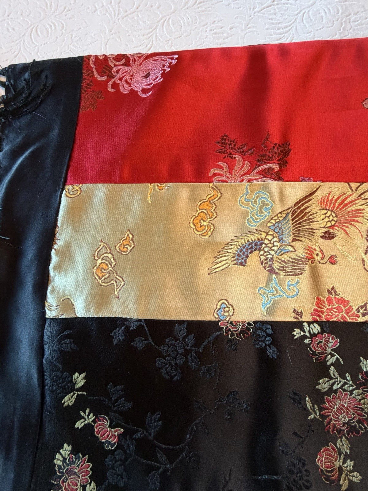 Vintage Asian Silk Brocade Table Runner Red Gold Floral Fringe 58" Oriental