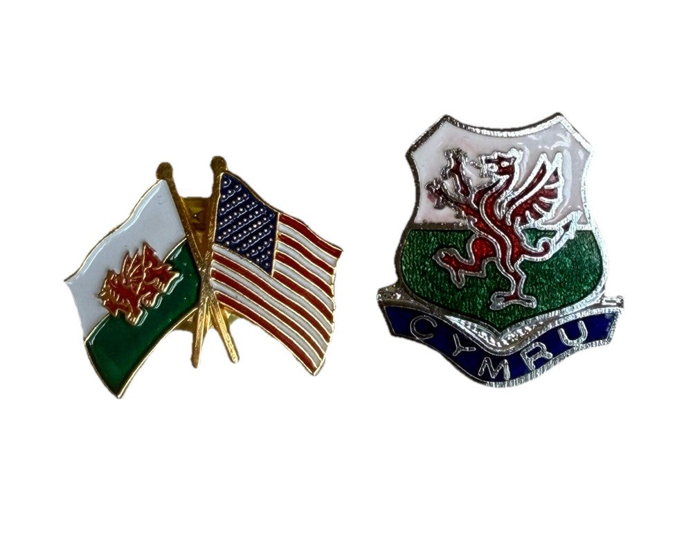 Wales Cymru Red Dragon Enamel Lapel Pin Lot of 2 USA Friendship Flag Shield
