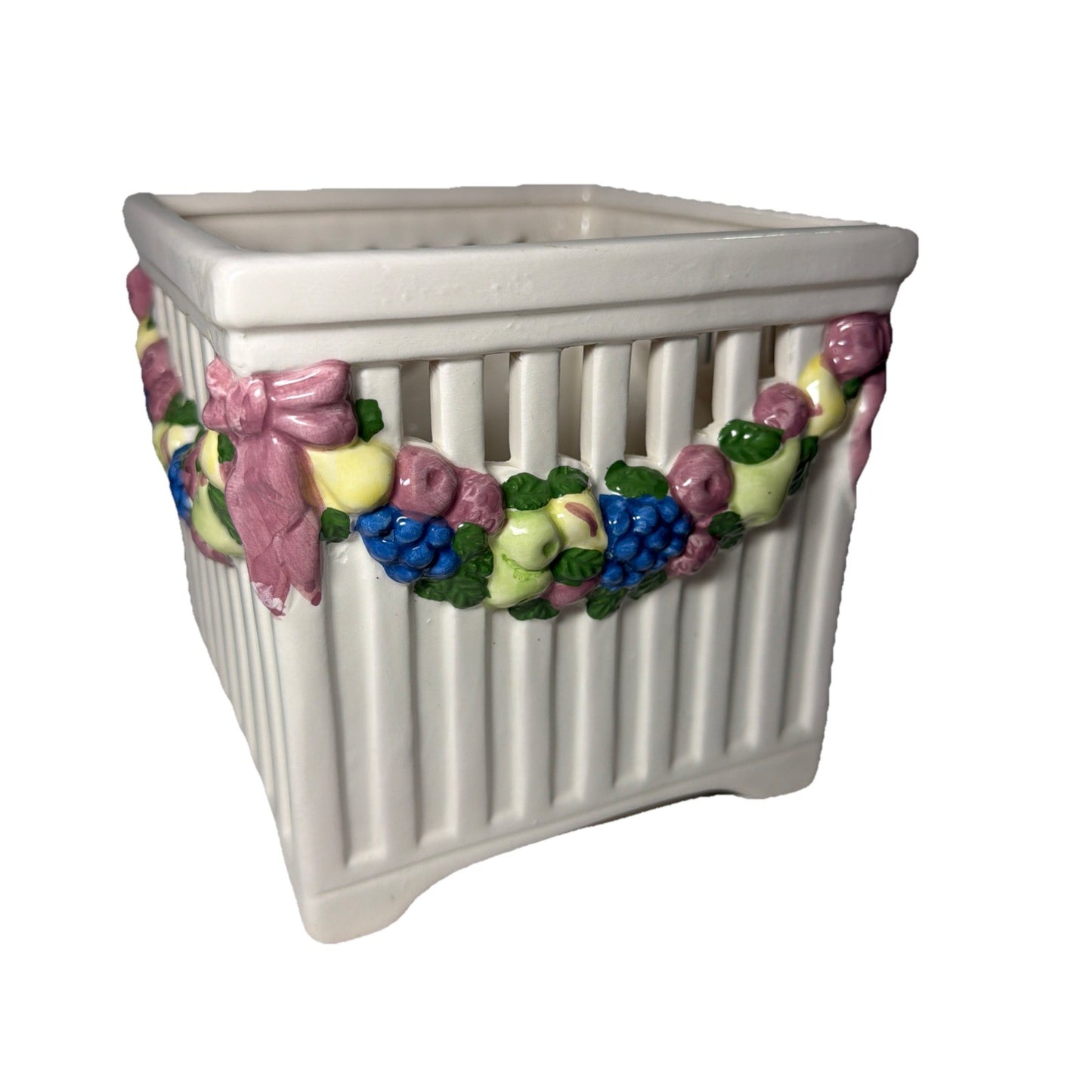 Ceramic Swag Planter Reticulated Square Fruit Design 5.5”