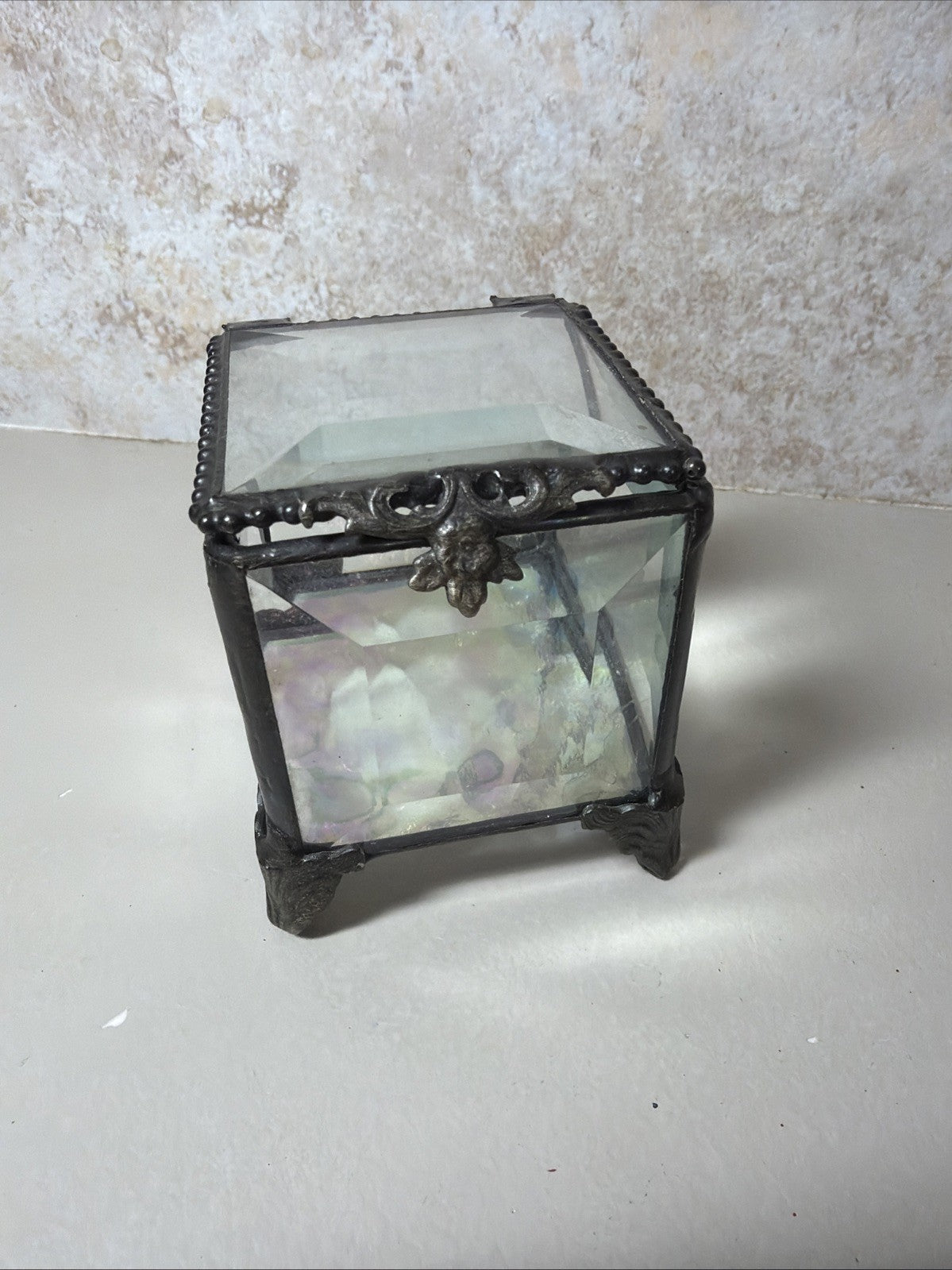 Vintage Style Built Beveled Glass Trinket Jewelry Box Footed Iridescent Metal 3"