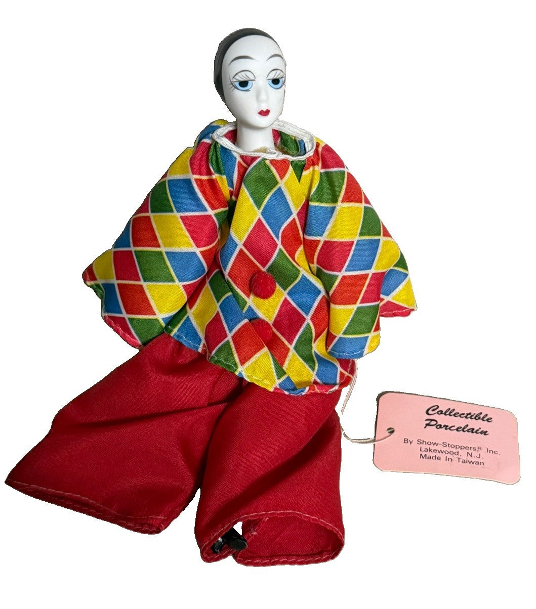 Vintage Show Stoppers Porcelain Clown Doll Harlequin Original Tag 7"