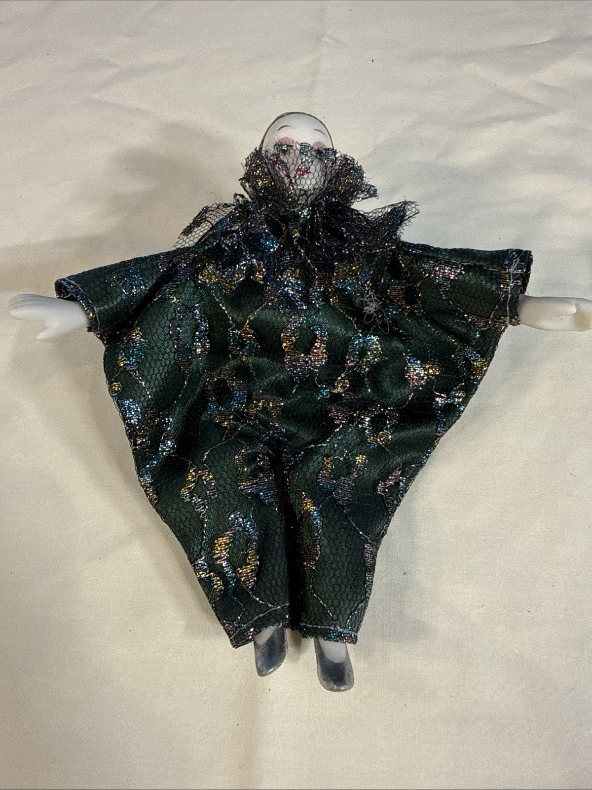Geppeddo Porcelain Doll  Jester  Vintage Clown Harlequin Mardi-gras Sitting 6”