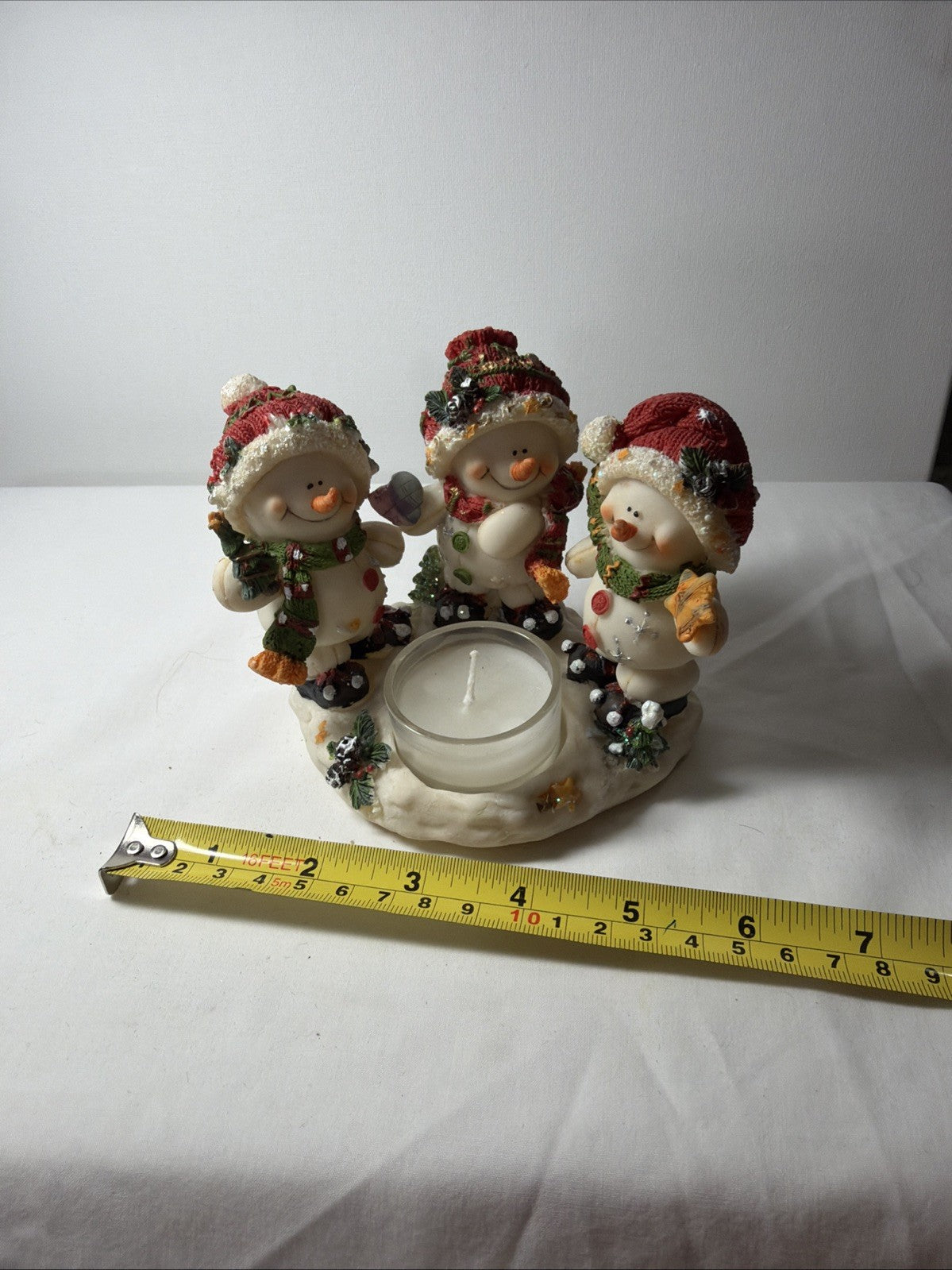 Snowman Votive Candle Holder 3 Snowmen Holiday Decor 4 1/2 tall