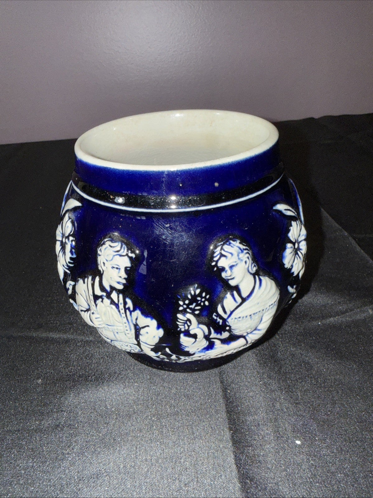 Vintage Cobalt Blue Salt Glaze Mug Germany House Trees Friends Flowers