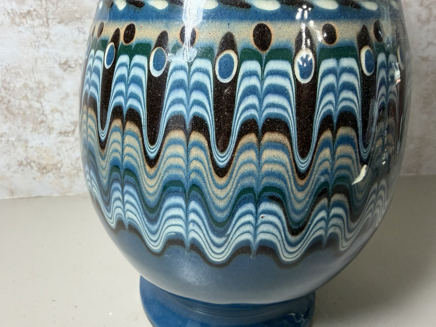 Vintage Mexican Folk Art Pottery Pitcher Salt Bowls Set Blue Brown Hand Painted