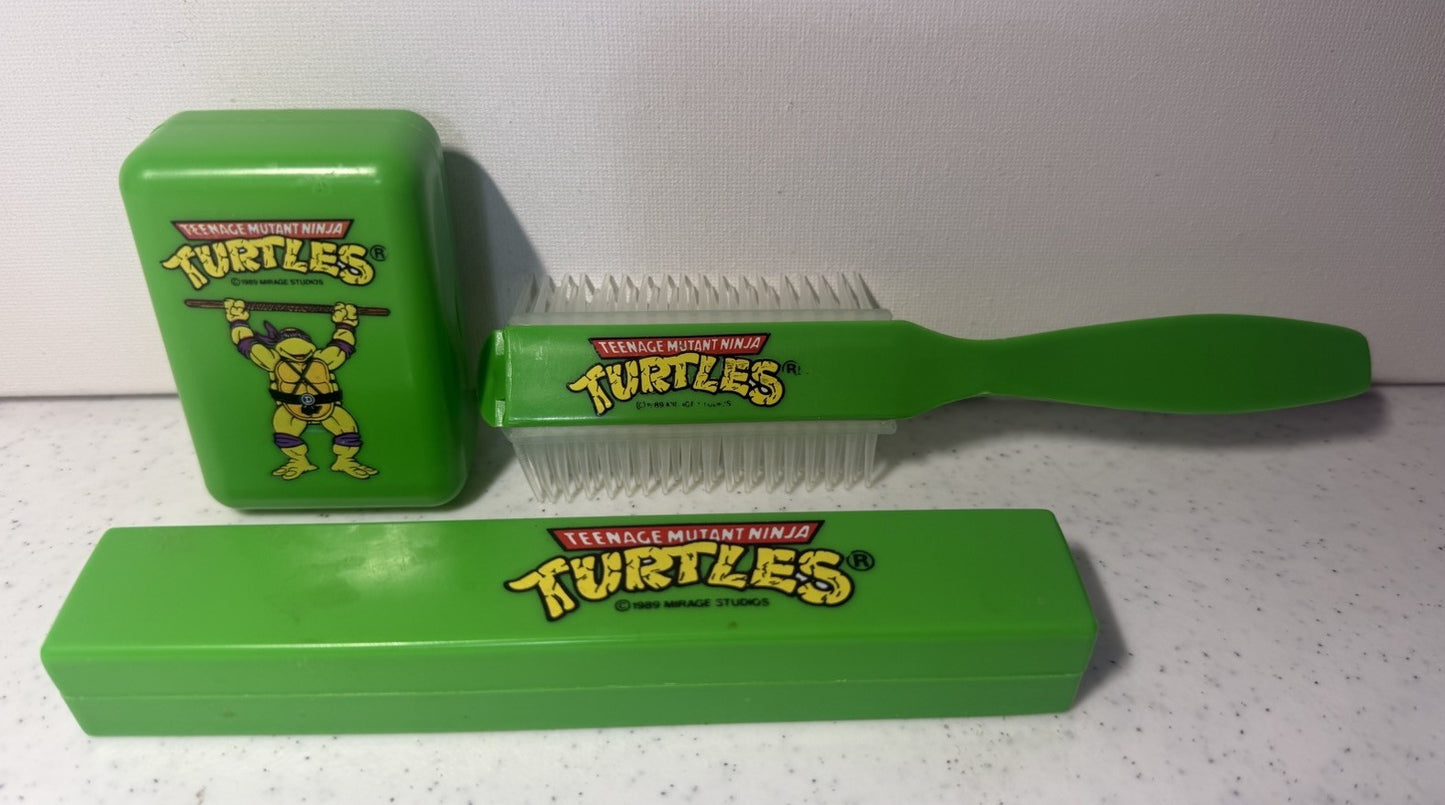 Vintage 1989 TMNT Grooming Set Soap Box Toothbrush Case Hairbrush Mirage Lot
