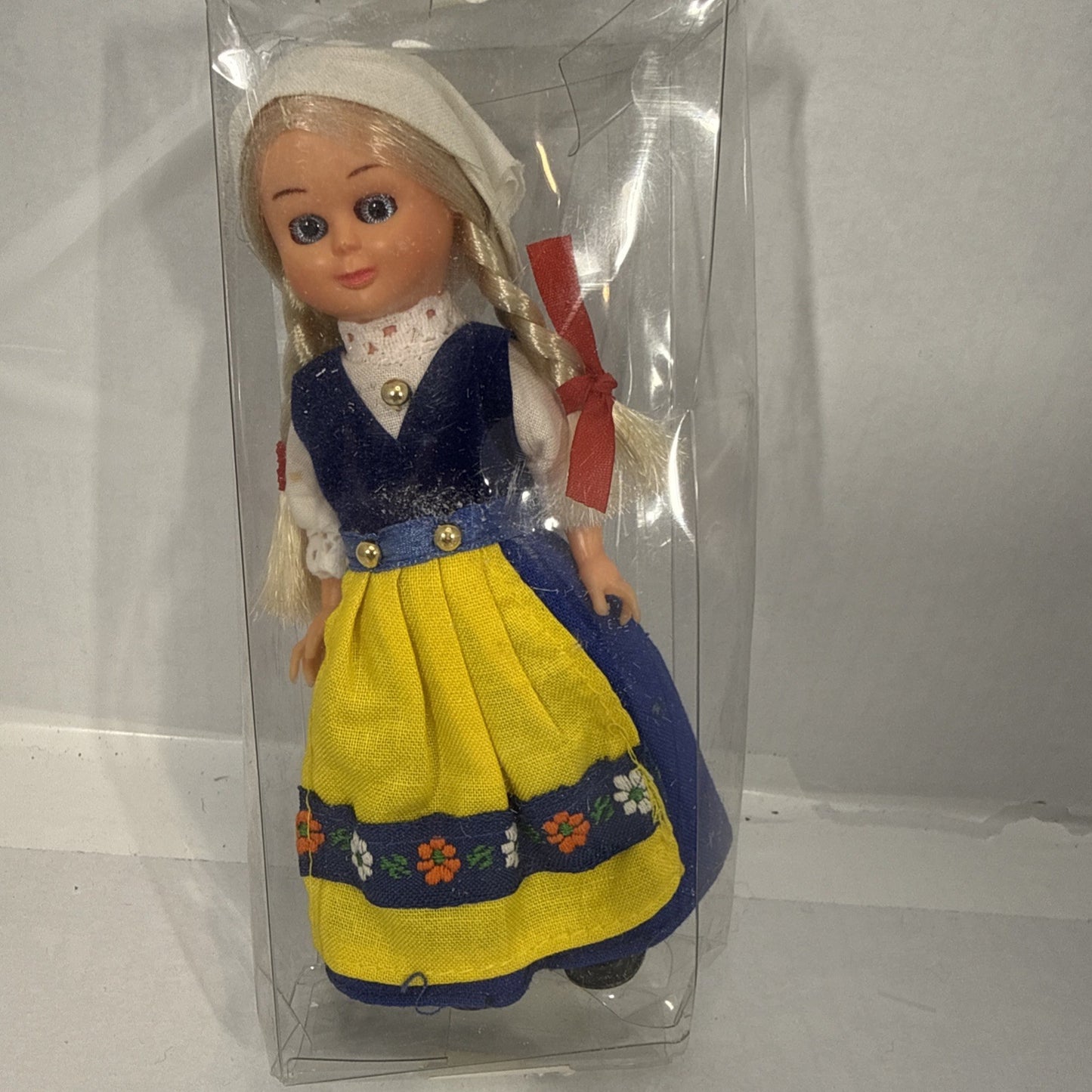 Vintage Swedish Souvenir Doll Folk Dress Sleep Eyes Blue Yellow Costume