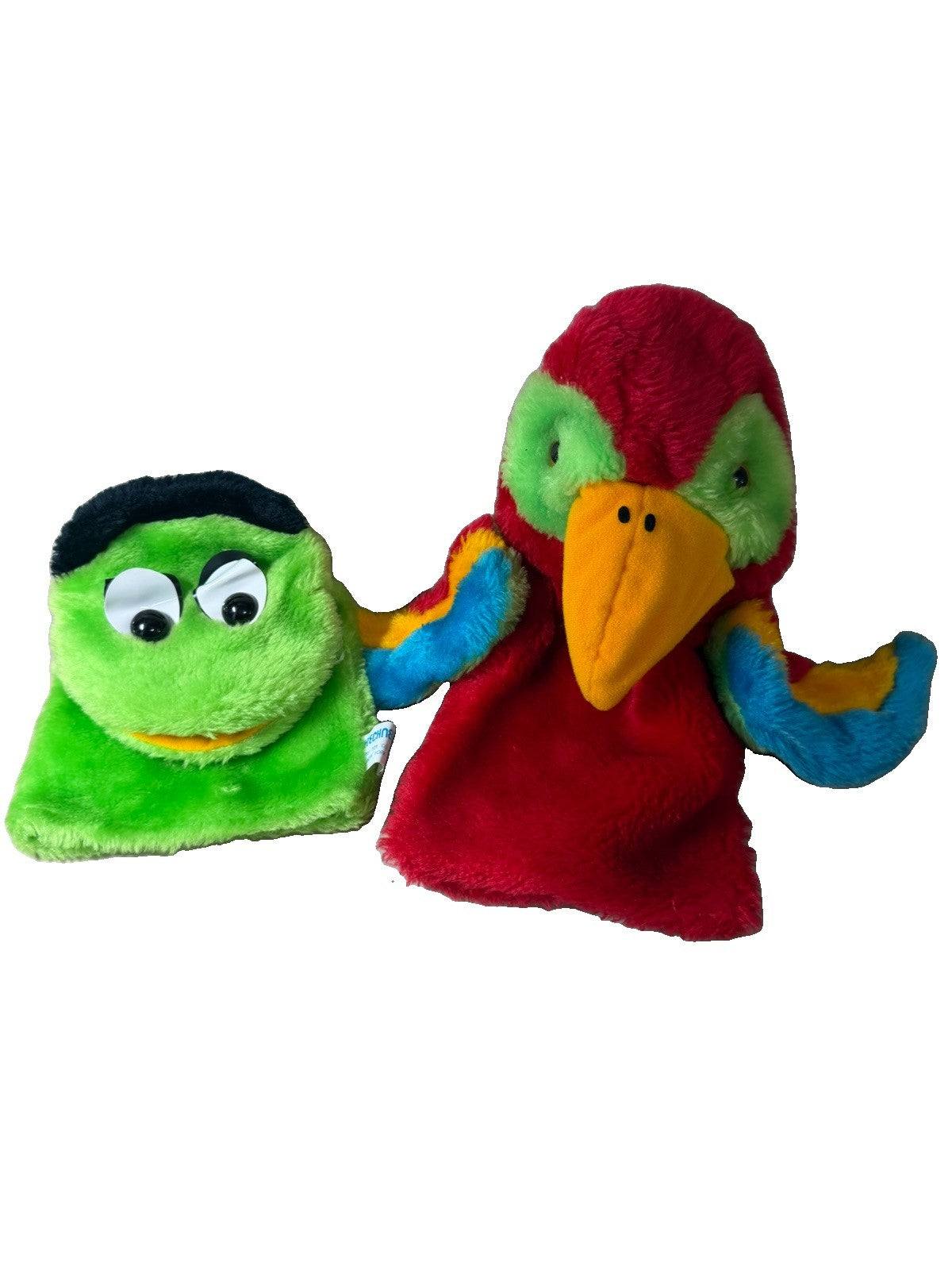 Vintage Brechner Plush Hand Puppets Lot 2 Green Monster Red Parrot 1981 Korea