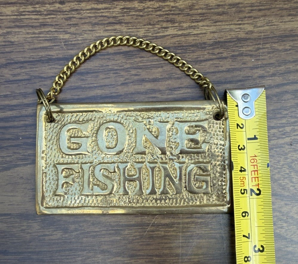 Vintage Brass Gone Fishing Out To Lunch Hanging Novelty Sign