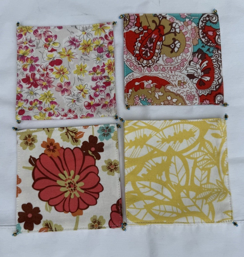 CAbi Fabric Coasters Set of 4 Floral Paisley Beaded Corners Boxed