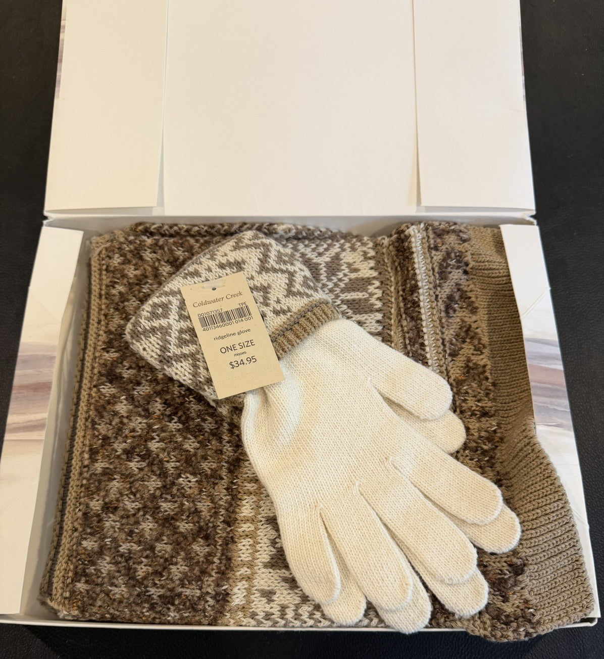 Coldwater Creek Ridgeline Scarf Gloves Gift Set Neutral Knit Boxed New Womens