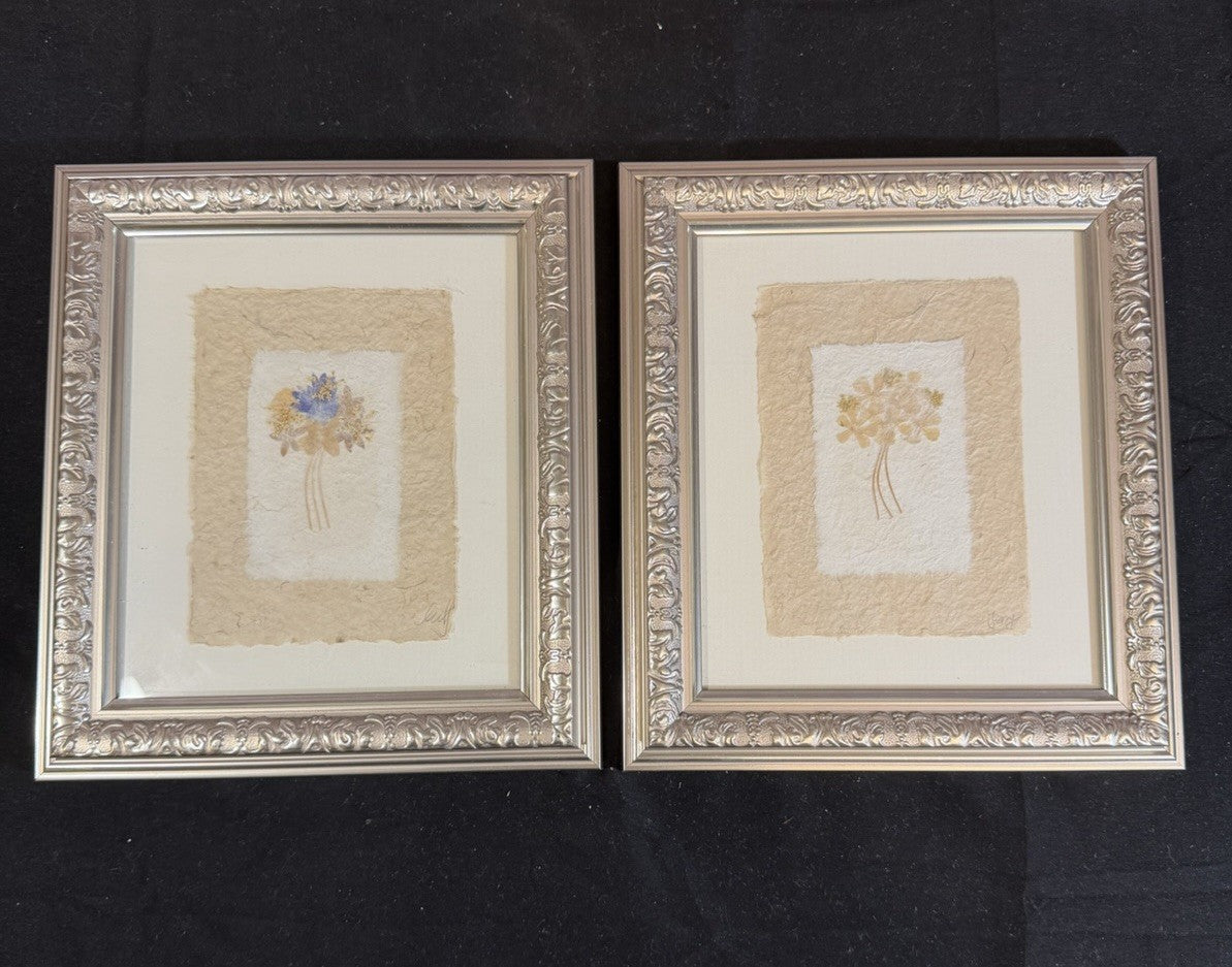 Pressed Flowers Framed Wall Art Signed 8x9 Vintage Botanical Signed Pair