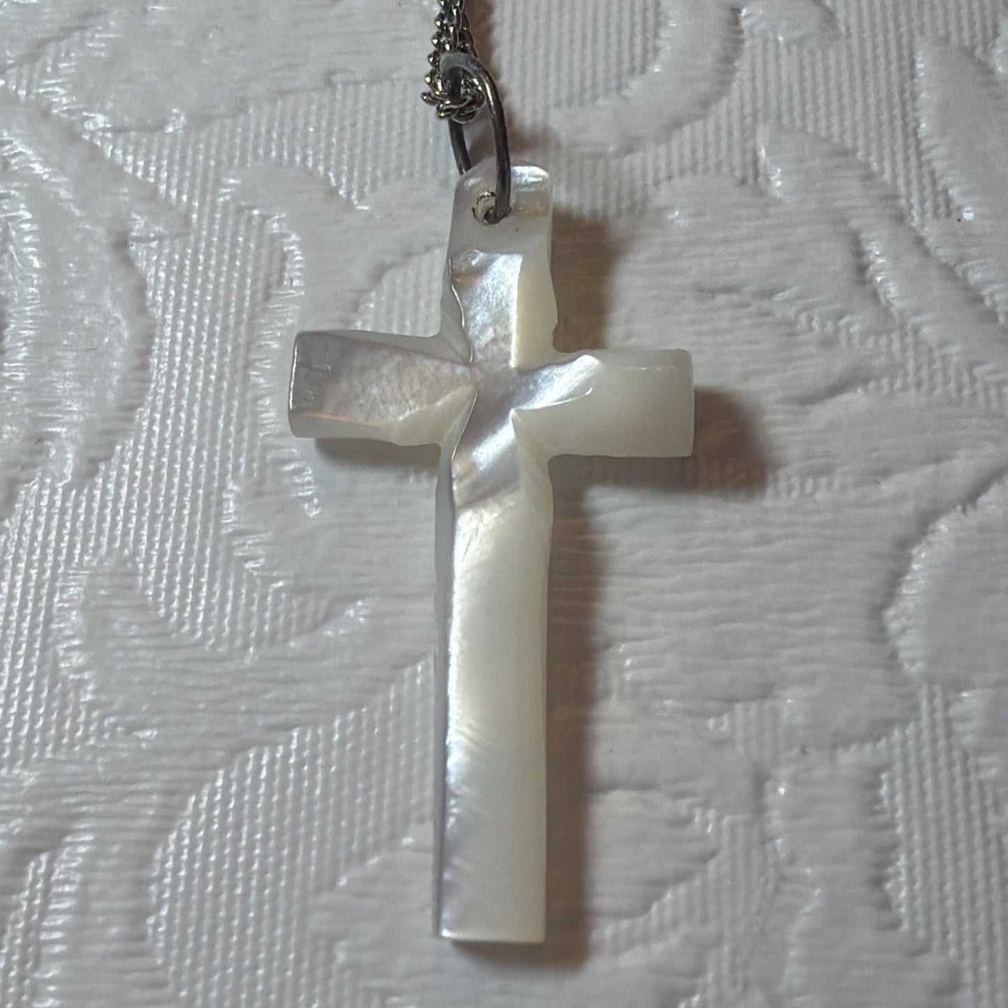 Vintage Carved Mother of Pearl Shell Cross Necklace Silver Tone Chain Minimalist
