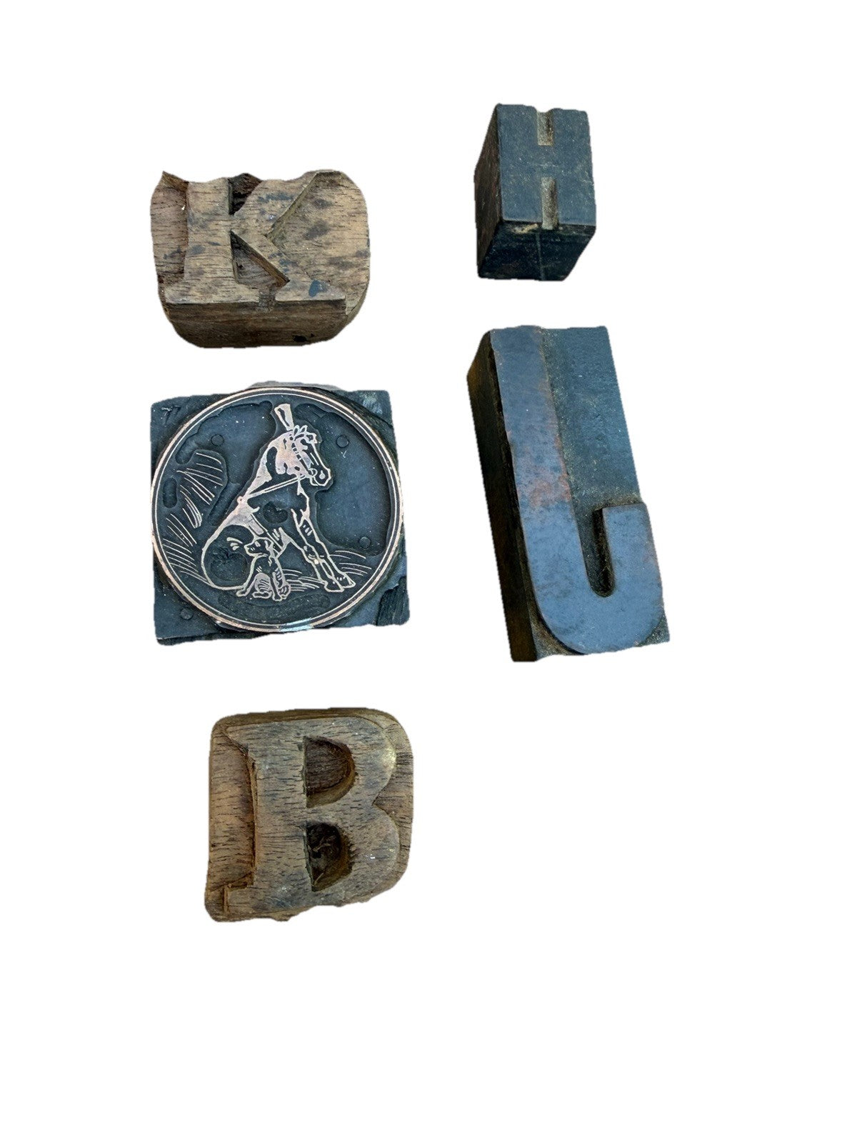 Vintage Lot of Wood Print Block Horse Dog Copper Face and Letter Imprints