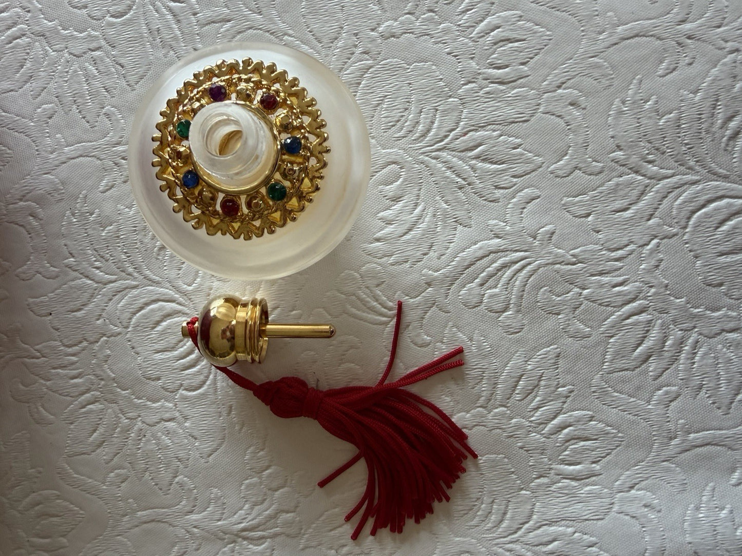 Vintage Ahjar Ornate Perfume Bottle Gold Tone Red Gemstone Glass Pouch Vanity