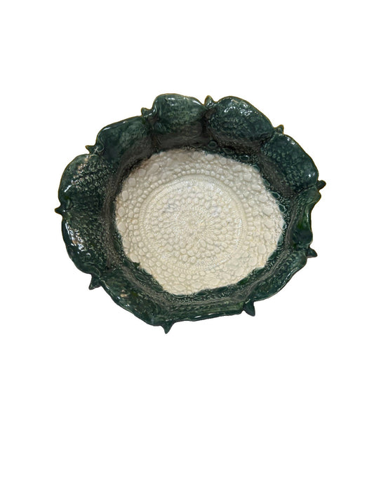 Artisan Studio Pottery Bowl Handcrafted Green White Lace Impression Fluted Decor