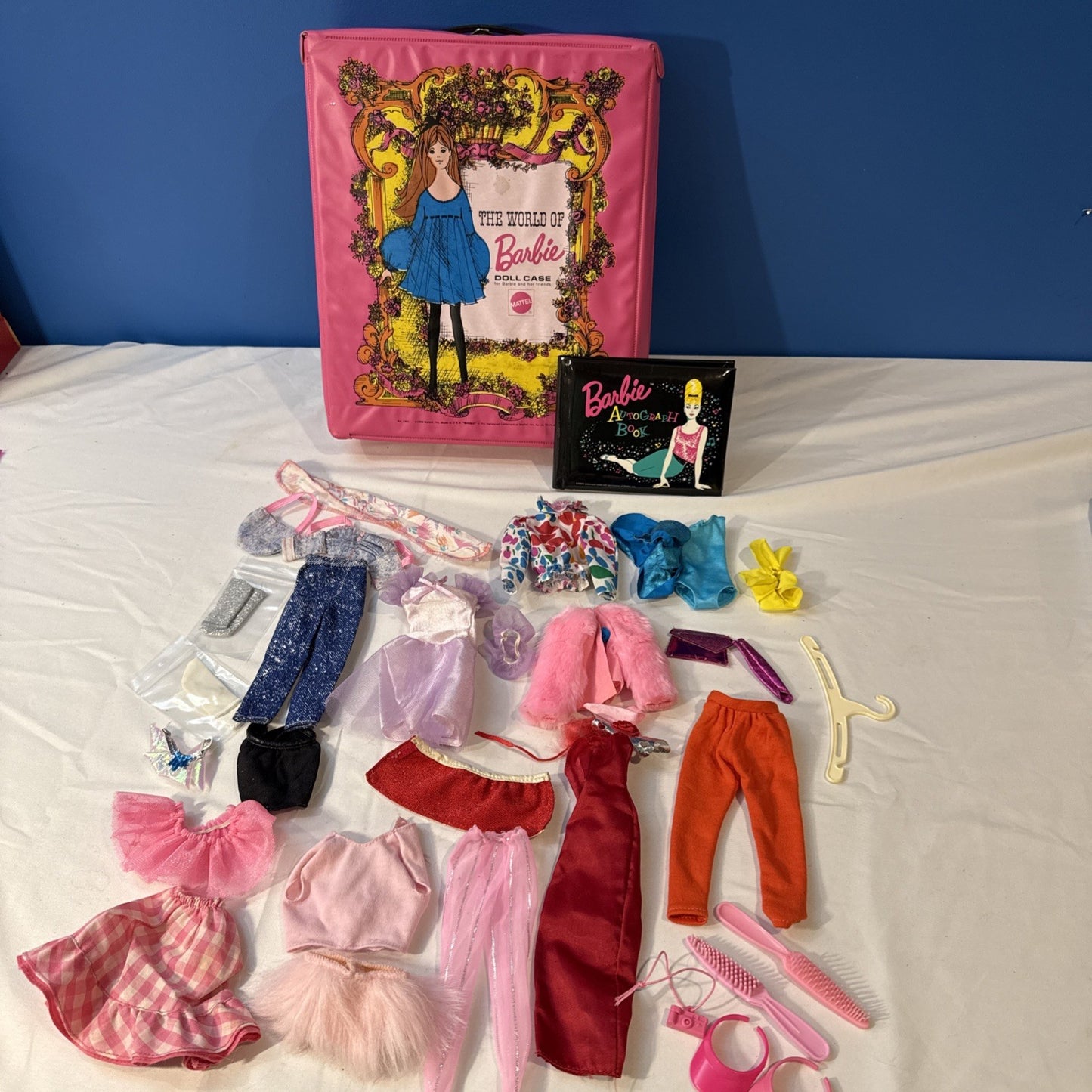 Vintage Barbie Doll Case (1968) with Clothes Accessories & Autograph Book (1996)