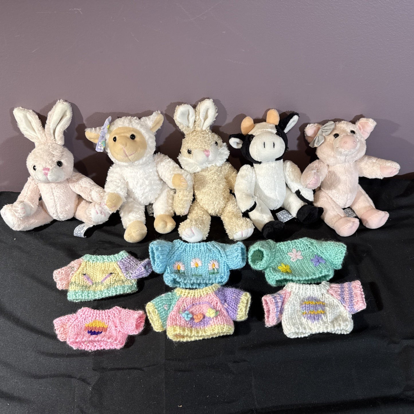Vintage Chrisha Plush Rabbits Cow Pig Sheep 1999 Toys Lot 5 with Sweaters