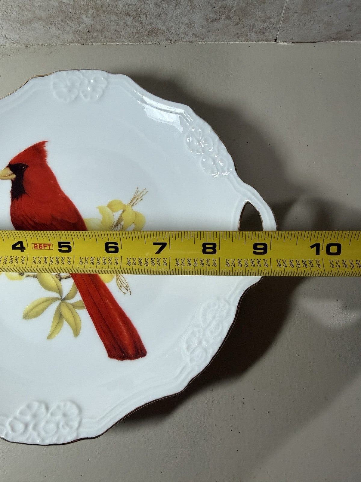 VTG Cynthiana Gifts Cardinal Serving Plate Handle Porcelain White Red Bird 9.5"