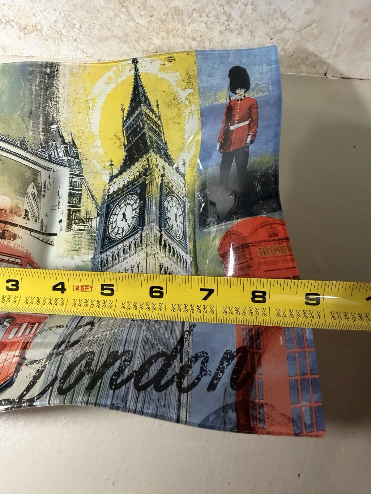 London England Souvenir Fused Glass Square Dish Tray Big Ben Red Bus Decor UK
