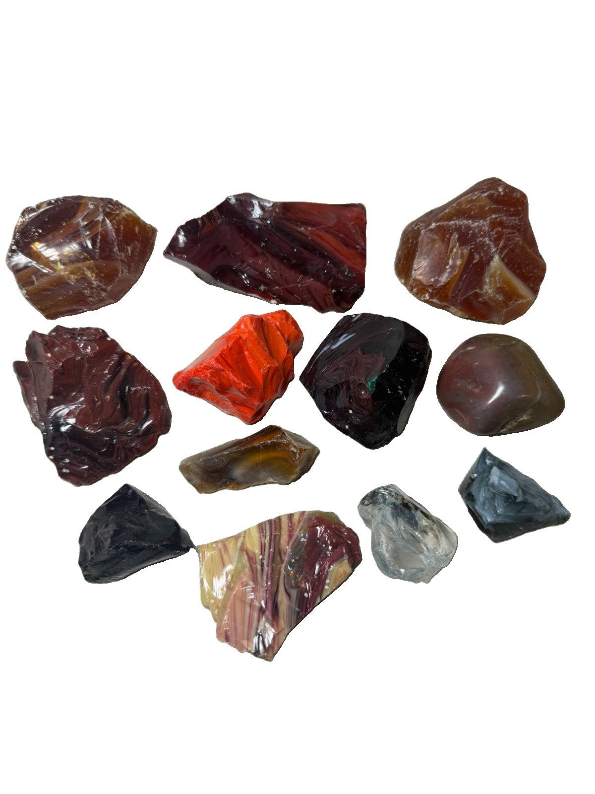 Raw Slag Glass Cullet Chunks Red Amber Yellow Orange Black Stones Lot of 12