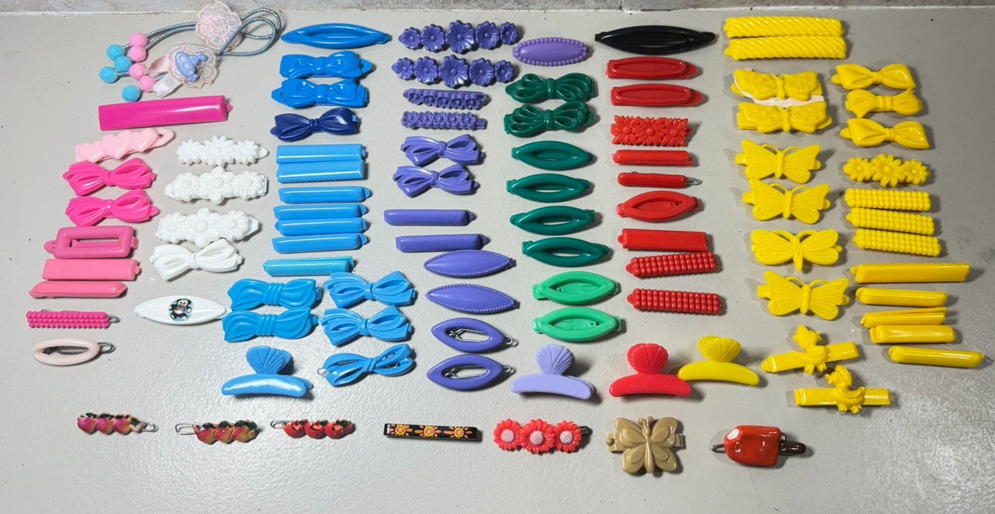 Vintage 1990s Hair Clips Barrettes Lot Plastic Metal Bows Flowers Rainbow Retro