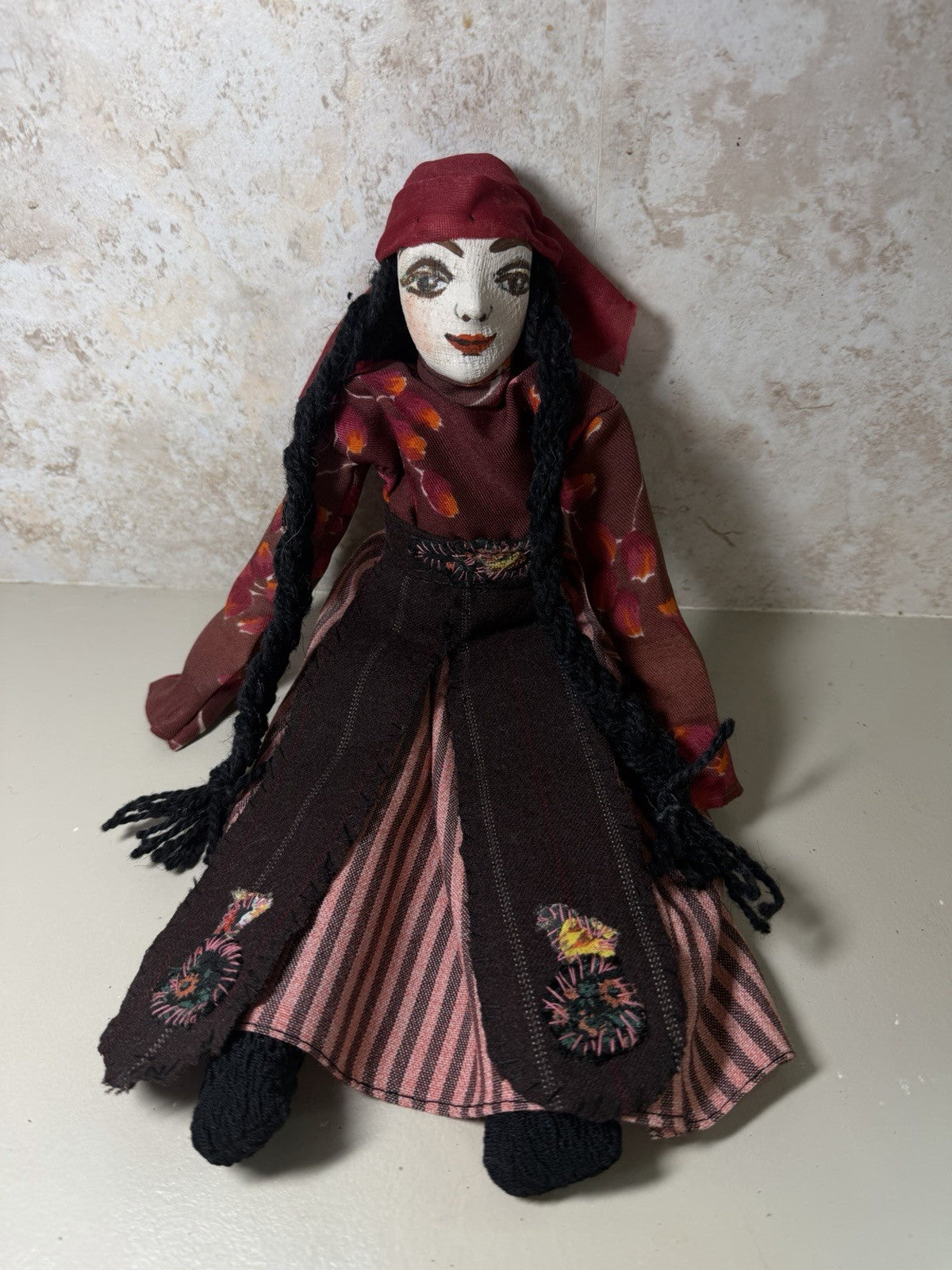 Vintage Handmade Folk Art Cloth Doll Painted Face Braided Yarn Hair Primitive