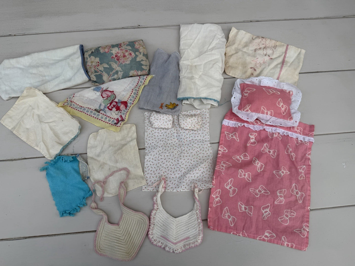 Vintage Baby Doll Bed Sets, Hand Crocheted Bibs, 1940s Children’s Handkerchiefs