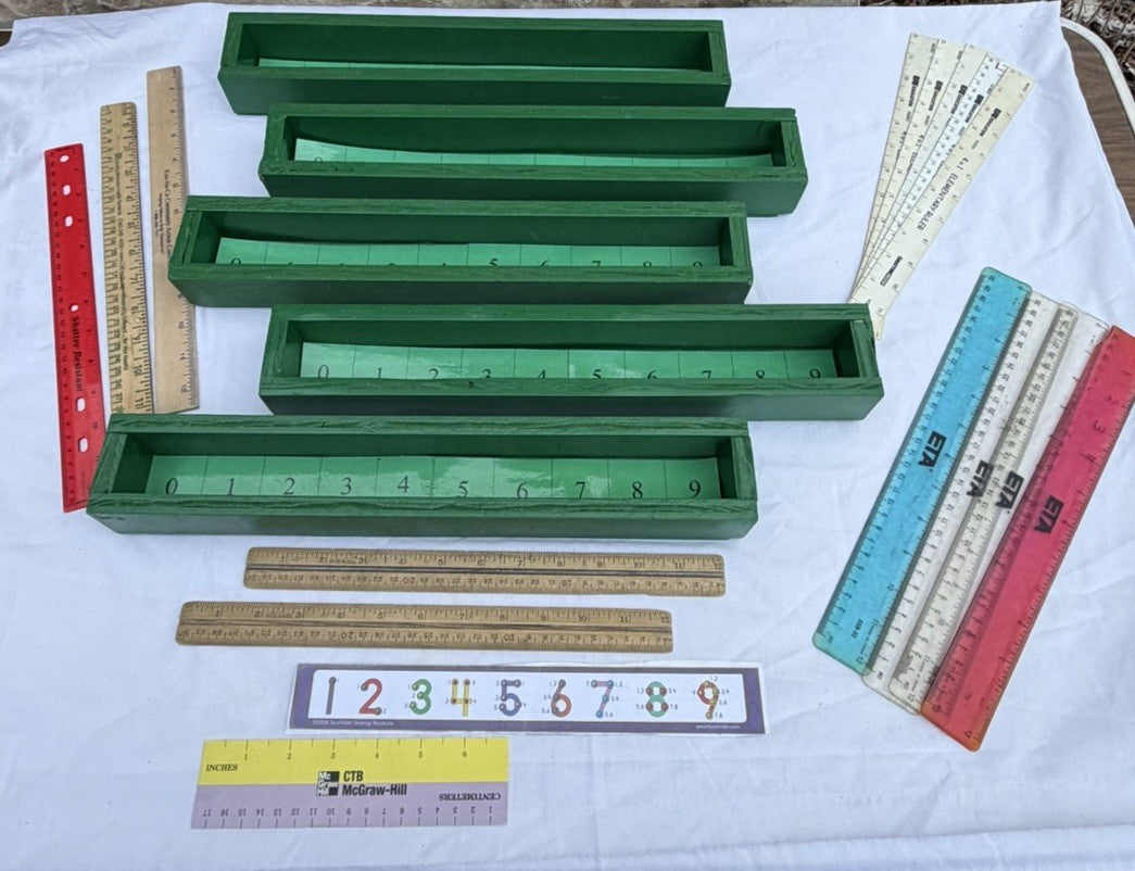 Montessori Number Rods Lot Wooden Boxes Math Learning Set & Assorted Rulers