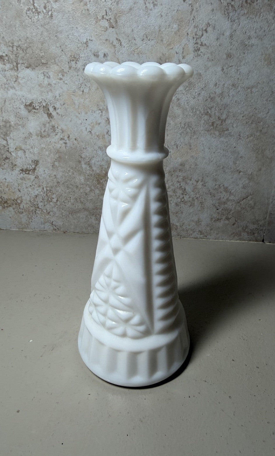 Vintage White Milk Glass Bud Vase 6 Inch Diamond Starburst Scalloped Edge
